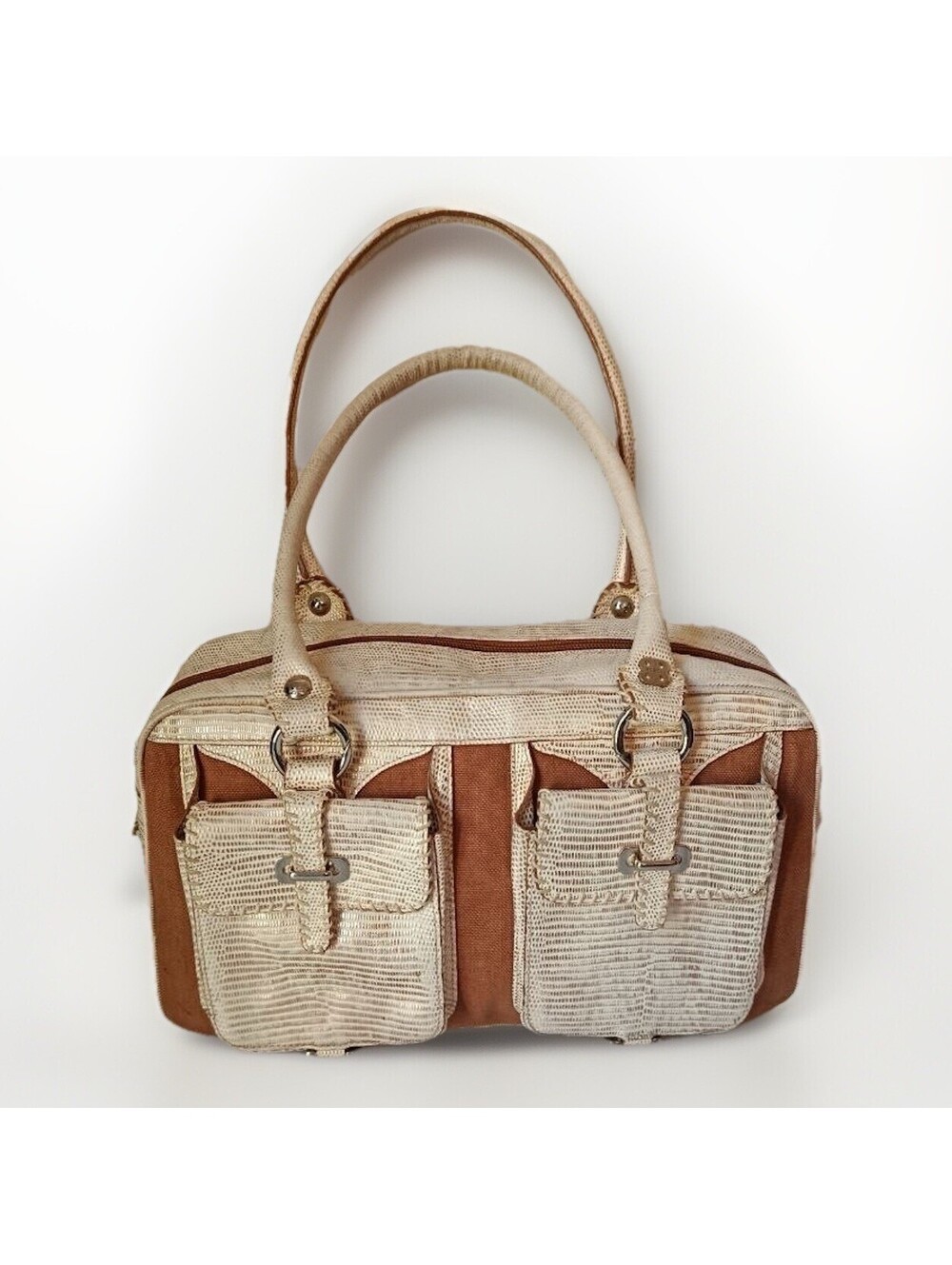 Bosca Womens Leather Double Handle Rectangular Shoulder Bag Gold Tone